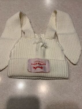 LOVERBOY Charles Jeffrey Cream Knit Bunny-Ear Beanie